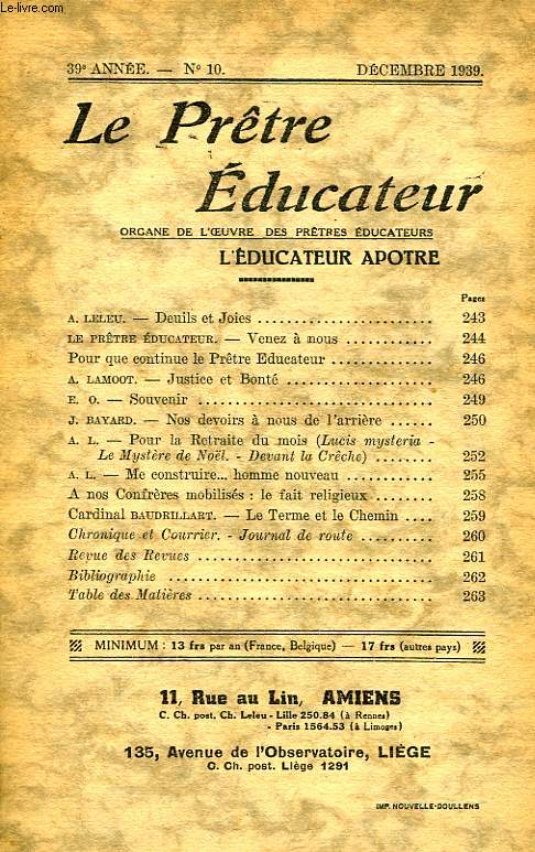 LE PRETRE EDUCATEUR, 39e ANNEE (NOUVELLE SERIE), N 10, DEC. 1939