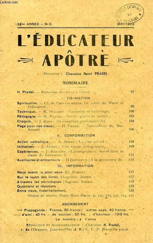 L'EDUCATEUR APOTRE, 43e ANNEE (NOUVELLE SERIE), N 5, MAI 1943