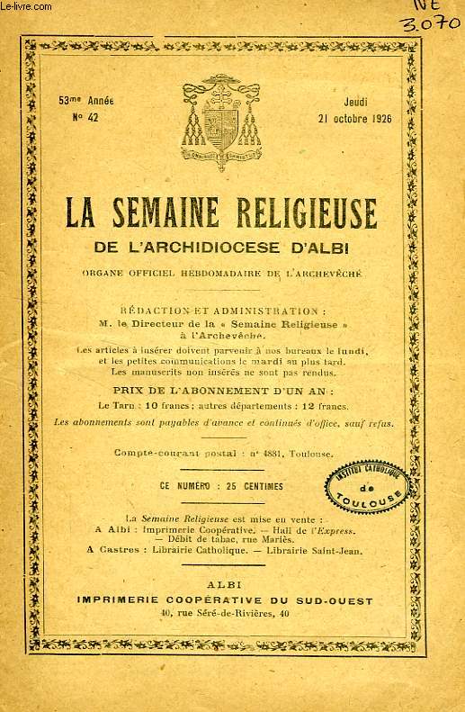 LA SEMAINE RELIGIEUSE DE L'ARCHIDIOCESE D'ALBI, 53e ANNEE, N 42, OCT. 1926