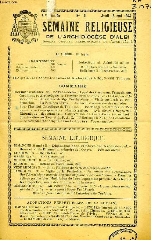 LA SEMAINE RELIGIEUSE DE L'ARCHIDIOCESE D'ALBI, 71e ANNEE, N 19, MAI 1944
