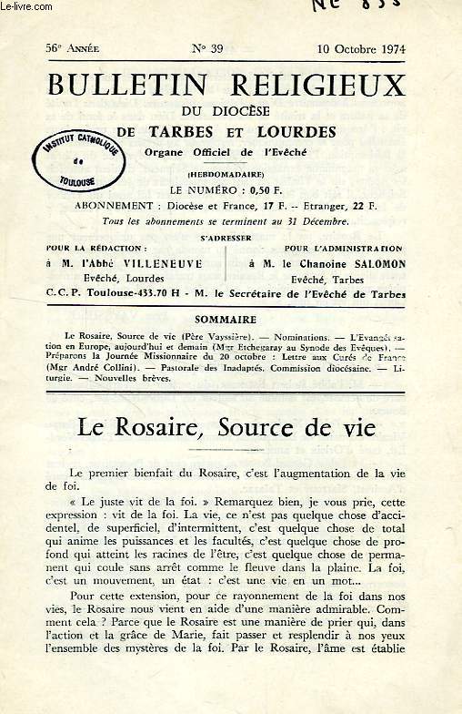 BULLETIN RELIGIEUX DU DIOCESE DE TARBES ET DE LOURDES, 1974-1977 (INCOMPLET)