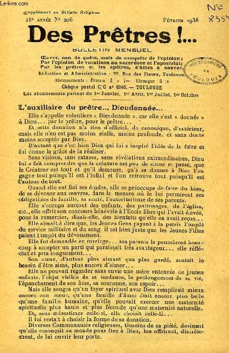 DES PRETRES !, SUPPLEMENT AU BULLETIN RELIGIEUX, 18e ANNEE, N 206, FEV. 1938