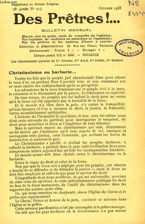 DES PRETRES !, SUPPLEMENT AU BULLETIN RELIGIEUX, 18e ANNEE, N 214, OCT. 1938