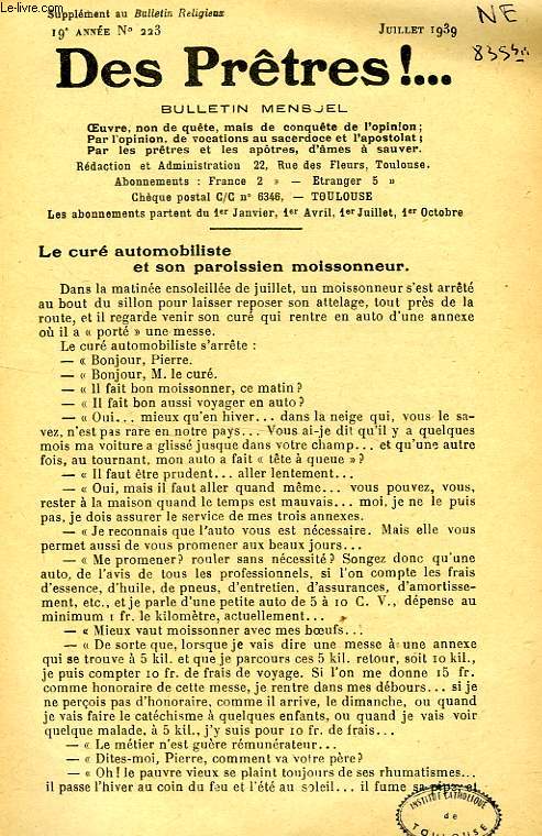 DES PRETRES !, SUPPLEMENT AU BULLETIN RELIGIEUX, 19e ANNEE, N 223, JUILLET 1939