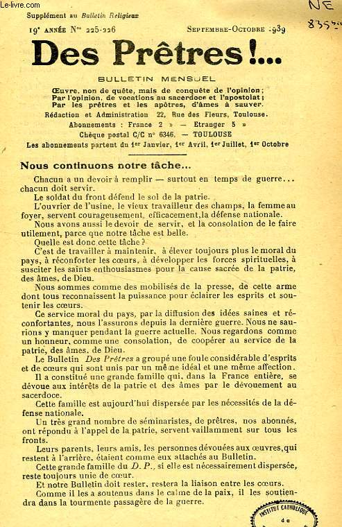 DES PRETRES !, SUPPLEMENT AU BULLETIN RELIGIEUX, 19e ANNEE, N 225-226, SEPT.-OCT. 1939