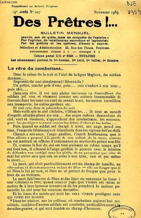 DES PRETRES !, SUPPLEMENT AU BULLETIN RELIGIEUX, 19e ANNEE, N 227, NOV. 1939