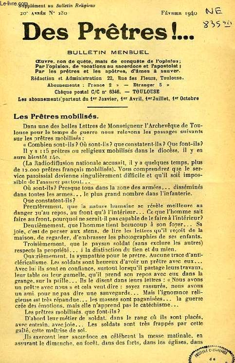 DES PRETRES !, SUPPLEMENT AU BULLETIN RELIGIEUX, 20e ANNEE, N 230, FEV. 1940
