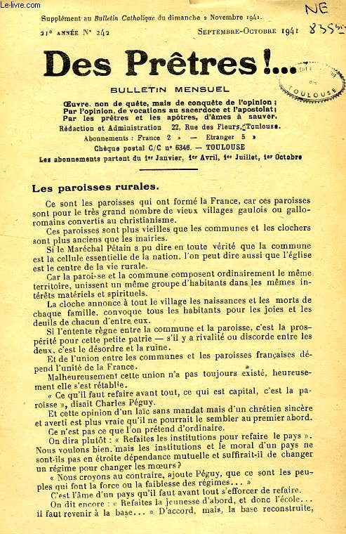 DES PRETRES !, SUPPLEMENT AU BULLETIN RELIGIEUX, 21e ANNEE, N 242, SEPT.-OCT. 1941