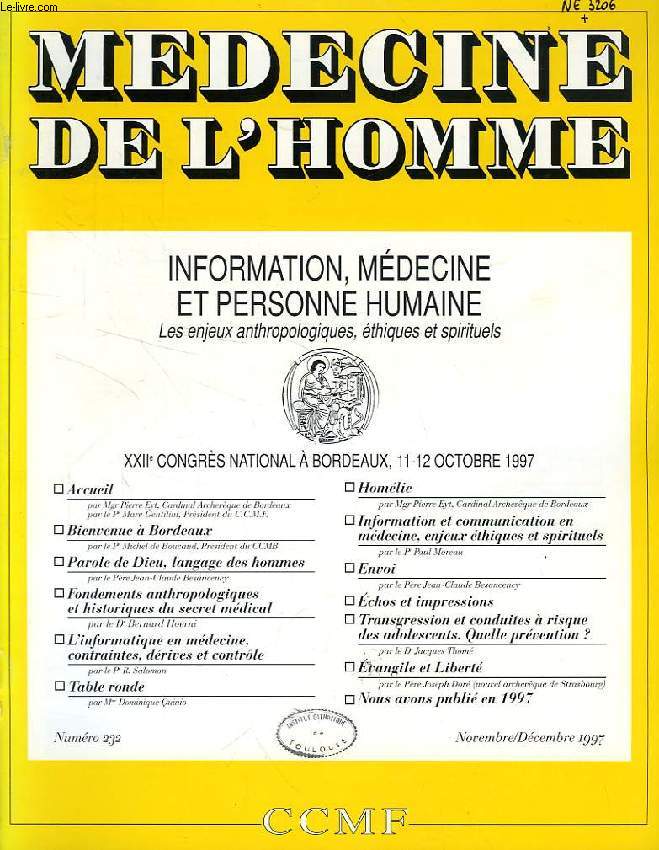 MEDECINE DE L'HOMME, N 232, NOV.-DEC. 1997, REVUE DU CENTRE CATHOLIQUE DES MEDECINS FRANCAIS