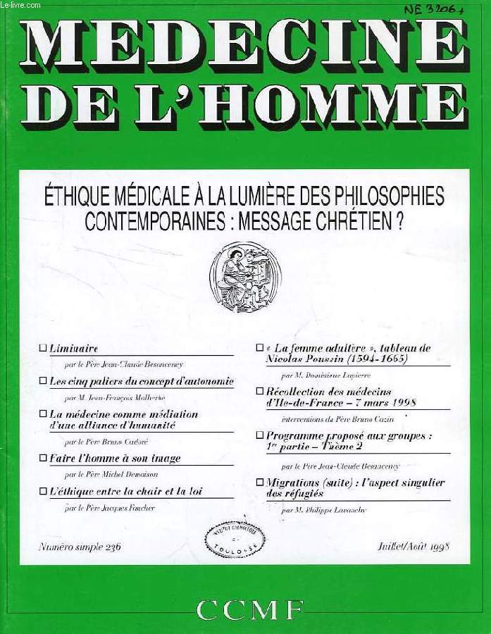 MEDECINE DE L'HOMME, N 236, JUILLET-AOUT 1998, REVUE DU CENTRE CATHOLIQUE DES MEDECINS FRANCAIS