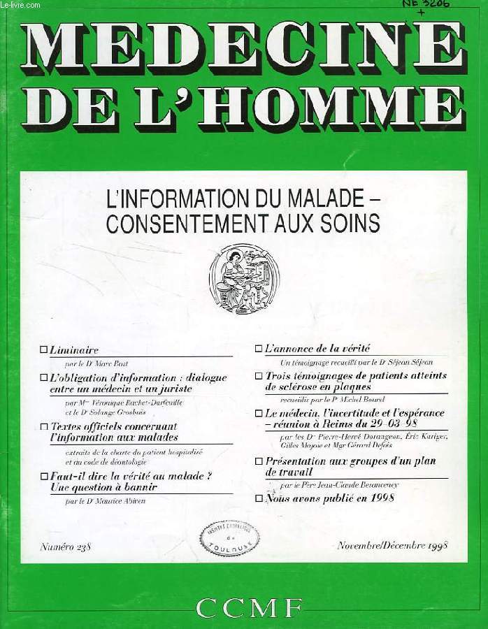 MEDECINE DE L'HOMME, N 238, NOV.-DEC. 1998, REVUE DU CENTRE CATHOLIQUE DES MEDECINS FRANCAIS