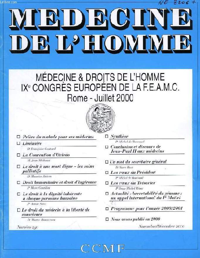 MEDECINE DE L'HOMME, N 250, NOV.-DEC. 2000, REVUE DU CENTRE CATHOLIQUE DES MEDECINS FRANCAIS