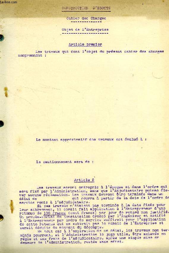 CONSTRUCTION D'EGOUTS, CAHIER DES CHARGES, OBJET DE L'ENTREPRISE