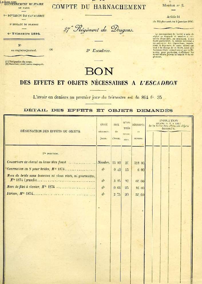 N 19, COMPTE DU HARNACHEMENT, 27e REGIMENT DE DRAGONS, 3e ESCADRON, 1896