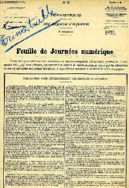 N 6, 102e REGIMENT D'INFANTERIE, 3e COMPAGNIE, FEUILLE DE JOURNEES NUMERIQUE, 1897