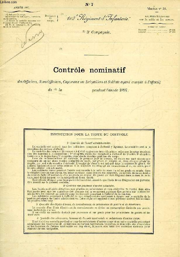 N 7, 102e REGIMENT D'INFANTERIE, 3e COMPAGNIE, CONTROLE NOMINATIF, 1897