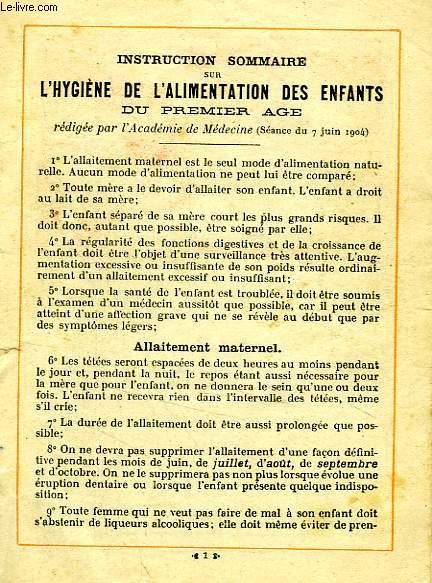 INSTRUCTION SOMMAIRE SUR L'HYGIENE DE L'ALIMENTATION DES ENFANTS DU PREMIER AGE