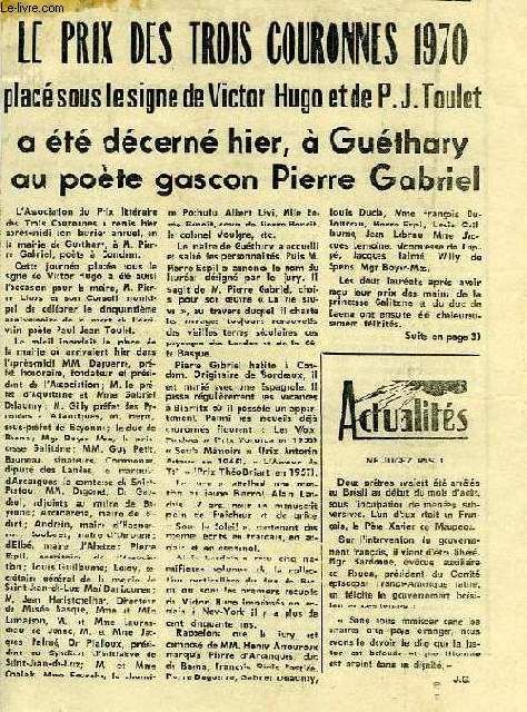 DOSSIER DE COUPURES DE JOURNAUX, LE PRIX DES TROIS COURONNES, 1970 (ARCHIVES DE PIERRE DAGUERRE)