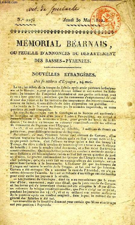 MEMORIAL BEARNAIS, N 227, 30 MAI 1822, OU FEUILE D'ANNONCES DU DEPARTEMENT DES BASSES-PYRENEES