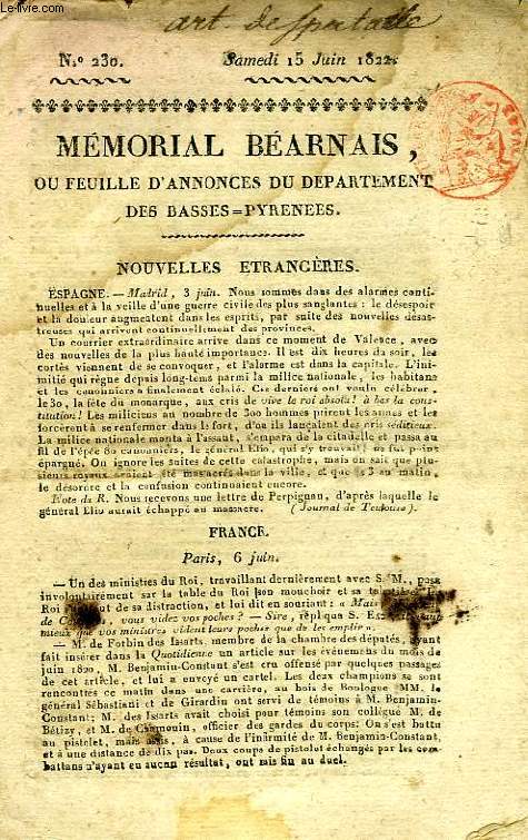 MEMORIAL BEARNAIS, N 230, 15 JUIN 1822, OU FEUILE D'ANNONCES DU DEPARTEMENT DES BASSES-PYRENEES