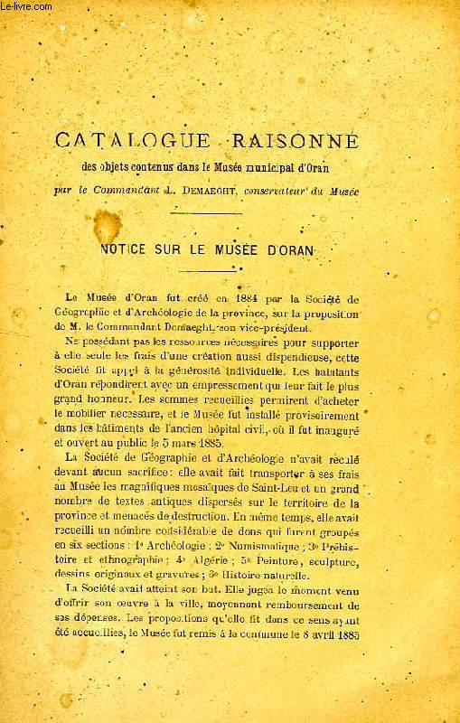 CATALOGUE RAISONNE DS OBJETS CONTENUS DANS LE MUSEE MUNICIPAL D'ORAN