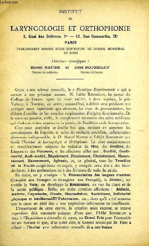 LA PAROLE, N 11, NOV. 1901, EXTRAIT, REVUE INTERNATIONALE DE RHINOLOGIE, LARYNGOLOGIE, OTOLOGIE ET PHONETIQUE EXPERIMENTALE