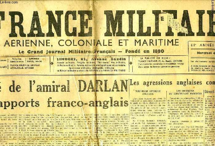LA FRANCE MILITAIRE, AERIENNE, COLONIALE ET MARITIME, 61e ANNEE, N 17556, 4 JUIN 1941