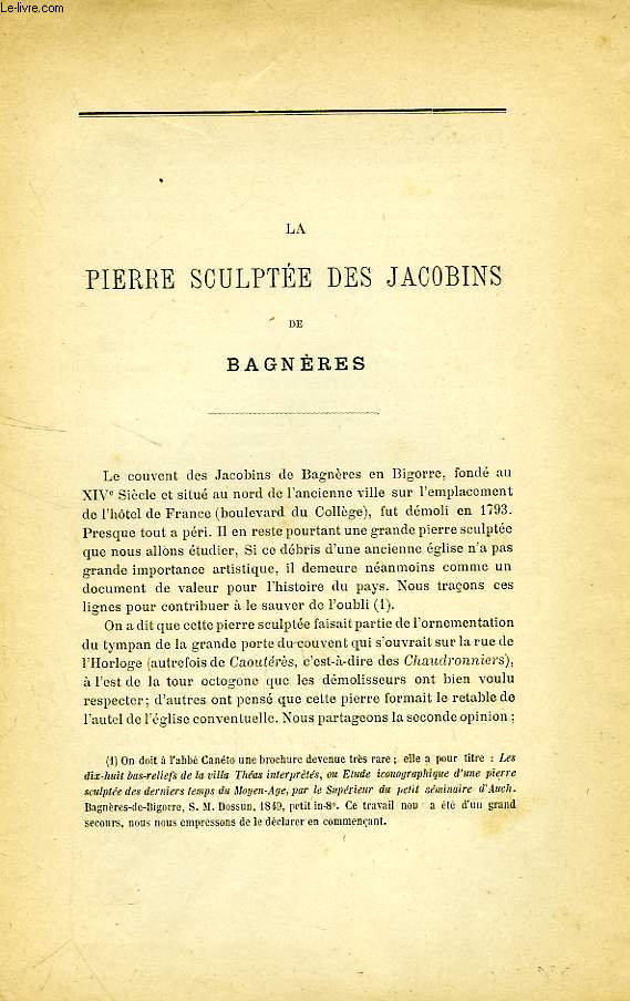 LA PIERRE SCULPTEE DES JACOBINS DE BAGNERES