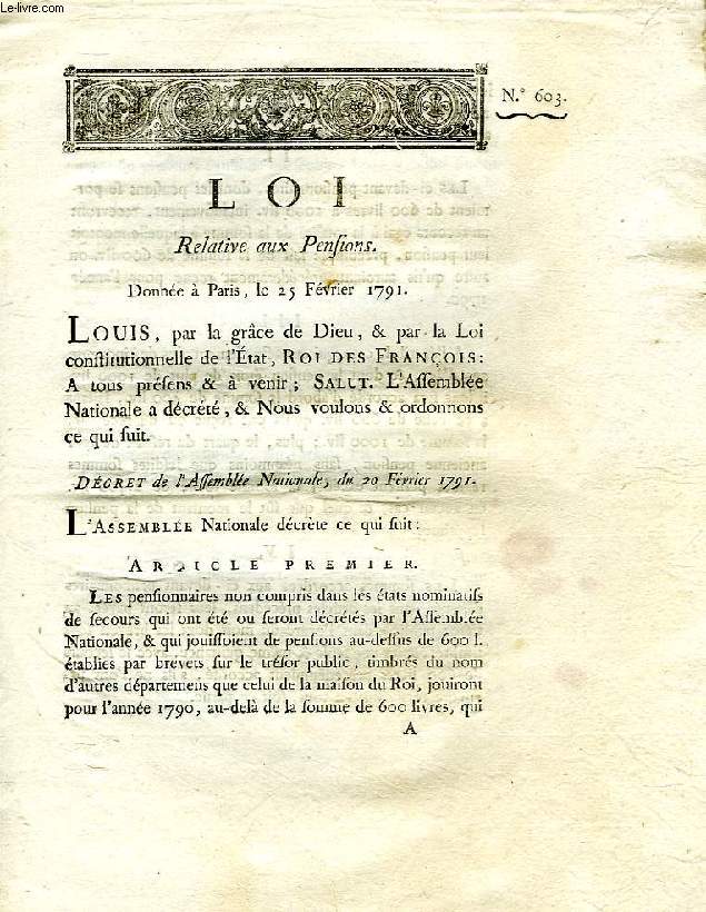 LOI, N 603, RELATIVE AUX PENSIONS