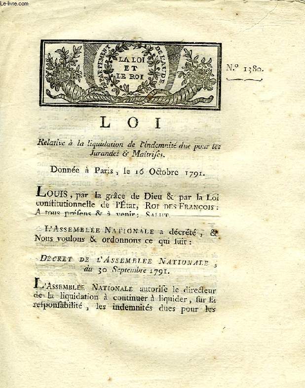 LOI, N 1380, RELATIVE A LA LIQUIDATION DE L'INDEMNITE DUE POUR LES JURANDES & MAITRISES