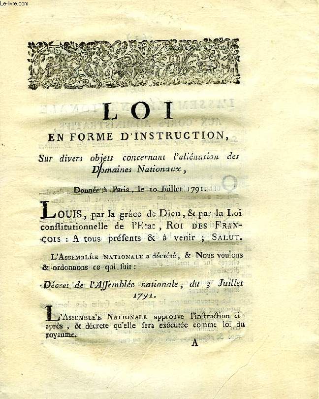 LOI, EN FORME D'INSTRUCTION, SUR DIVERS OBJETS CONCERNANT L'ALIENATION DES DOMAINES NATIONAUX