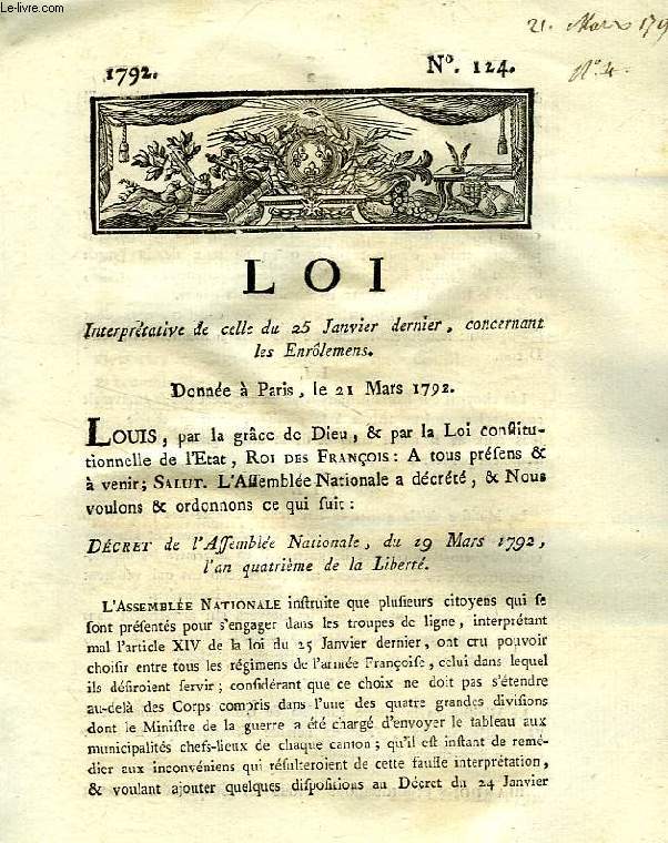LOI, N 124, INTERPRETATIVE DE CELLE DU 25 JANVIER DERNIER, CONCERNANT LES ENROLEMENS