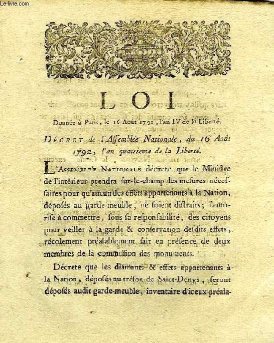 LOI, DECRET DE L'ASSEMBLEE NATIONALE, DU 16 AOUT 1792 (AN IV)