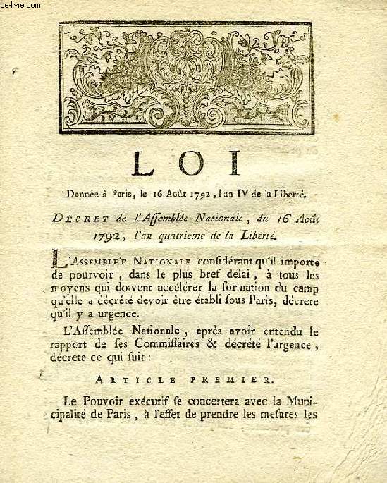 LOI, DECRET DE L'ASSEMBLEE NATIONALE DU 16 AOUT 1792 (AN IV)