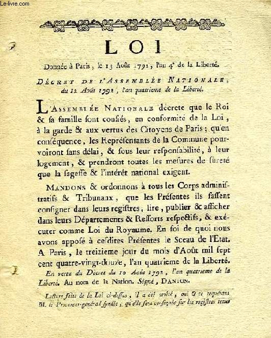 LOI, DECRET DE L'ASSEMBLEE NATIONALE DU 12 AOUT 1792 (AN IV)