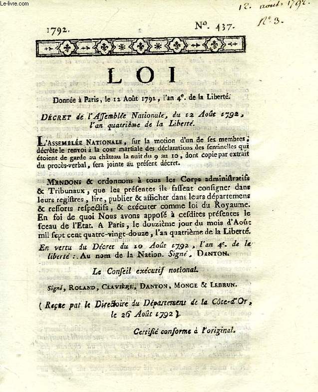 LOI, N 437, DECRET DE L'ASSEMBLEE NATIONALE DU 12 AOUT 1792 (AN IV)
