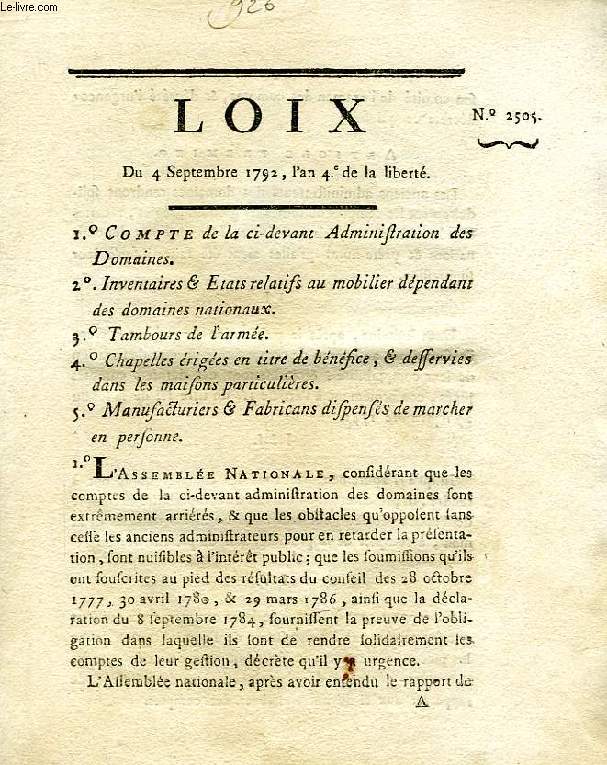 LOIX, N 2505, 1. COMPTE DE LA CI-DEVANT ADMINISTRATION DES DOMAINES, 2. INVENTAIRES & ETATS RELATIFS AU MOBILIER DEPENDANT DES DOMAINES NATIONAUX, 3. TAMBOURS DE L'ARMEE, ETC.