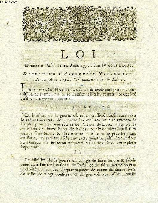 LOI, DECRET DE L'ASSEMBLEE NATIONALE DU 14 AOUT 1792 (AN IV)