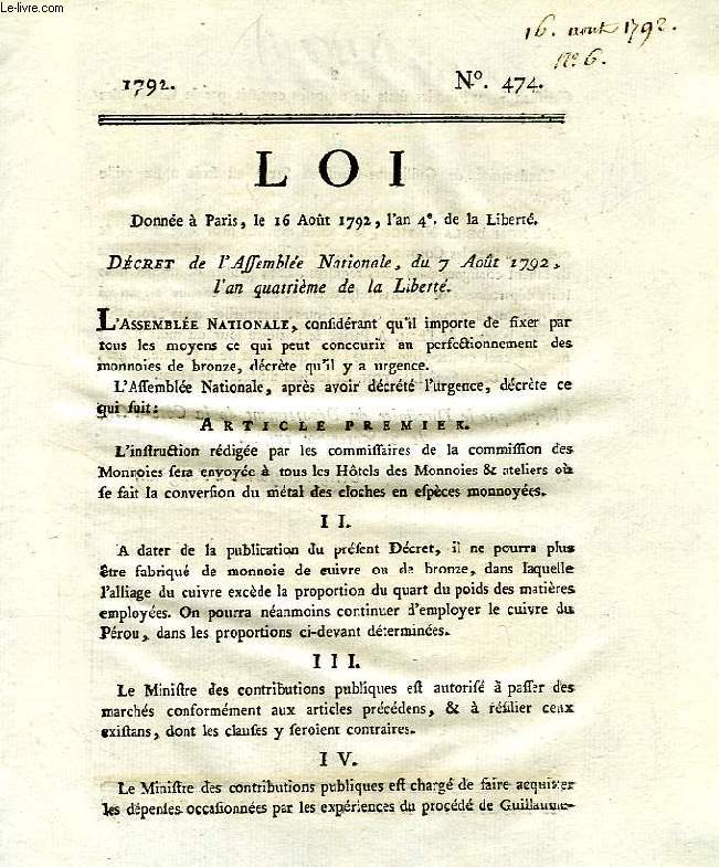 LOI, N 474, DECRET DE L'ASSEMBLEE NATIONALE DU 7 AOUT 1792 (An IV)