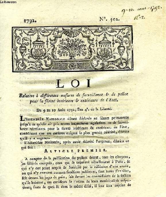 LOI, N 502, RELATIVE A DIFFERENTES MESURES DE SURVEILLANCE & DE POLICE POUR LA SURETE INTERIEURE & EXTERIEURE DE L'ETAT