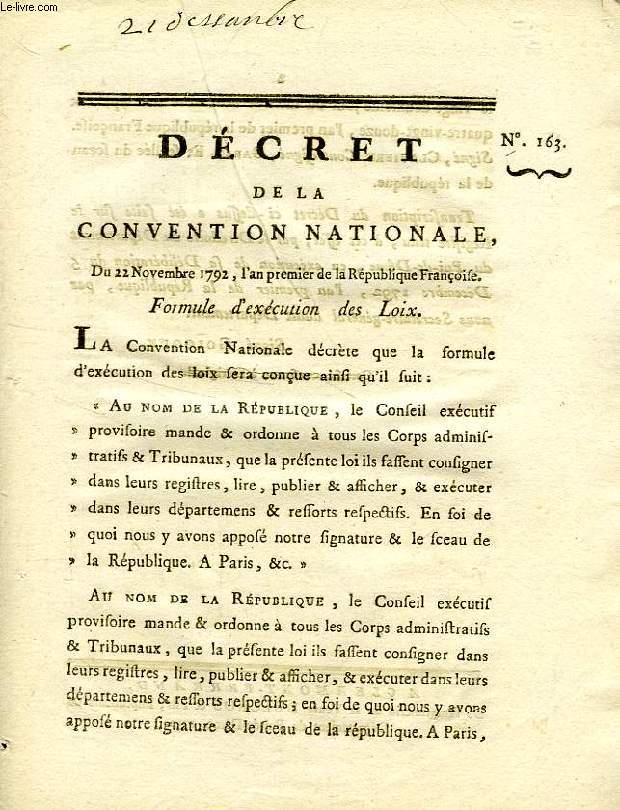 DECRET DE LA CONVENTION NATIONALE, N 163, FORMULE D'EXECUTION DES LOIX