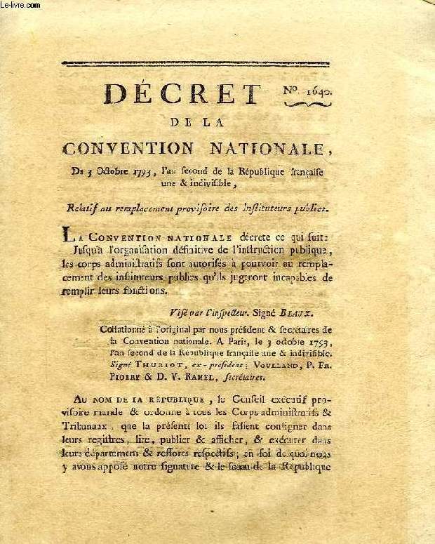 DECRET DE LA CONVENTION NATIONALE, N 1640, RELATIF AU REMPLACEMENT PROVISOIRE DES INSTITUTEURS PUBLICS