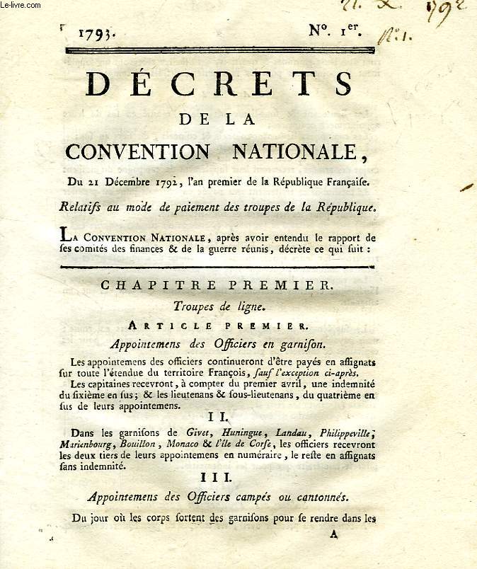 DECRETS DE LA CONVENTION NATIONALE, N Ier, RELATIFS AU MODE DE PAIEMENT DES TROUPES DE LA REPUBLIQUE