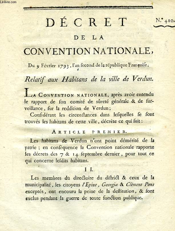 DECRET DE LA CONVENTION NATIONALE, N 410, RELATIF AUX HABITANS DE LA VILLE DE VERDUN