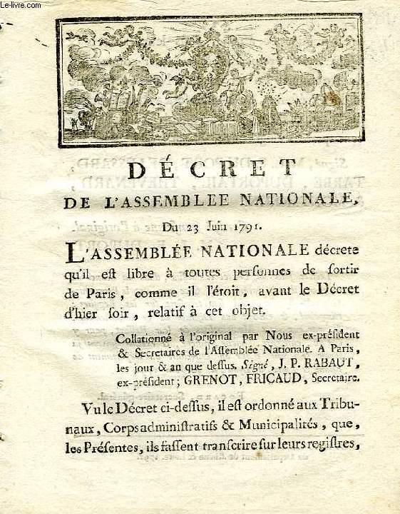 DECRET DE L'ASSEMBLEE NATIONALE, DU 23 JUIN 1791
