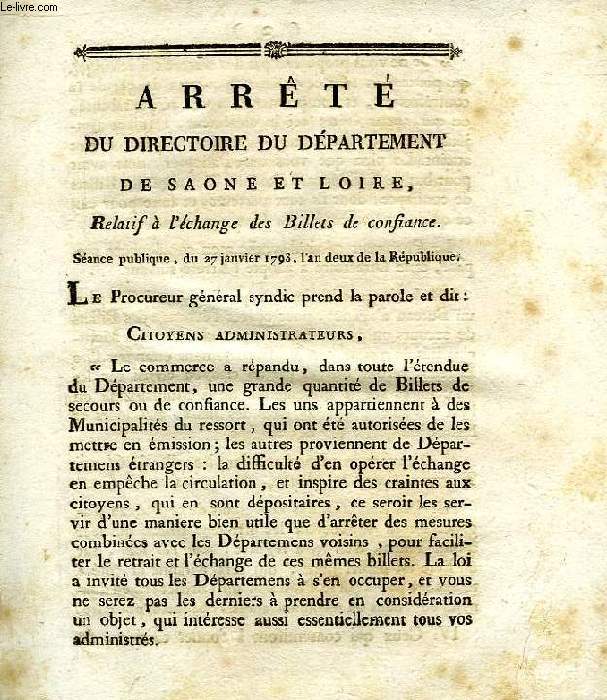 ARRETE DU DIRECTOIRE DU DEPARTEMENT DE SAONE ET LOIRE, RELATIF A L'ECHANGE DES BILLETS DE CONFIANCE