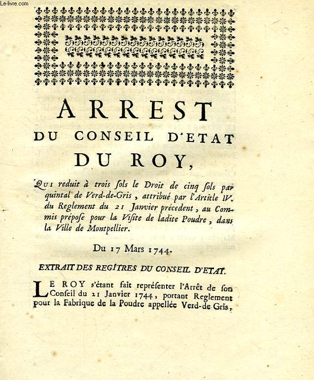 ARREST DU CONSEIL D'ETAT DU ROY, DU 17 MARS 1744