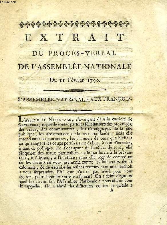 EXTRAIT DU PROCES-VERBAL DE L'ASSEMBLEE NATIONALE DU 11 FEVRIER 1790