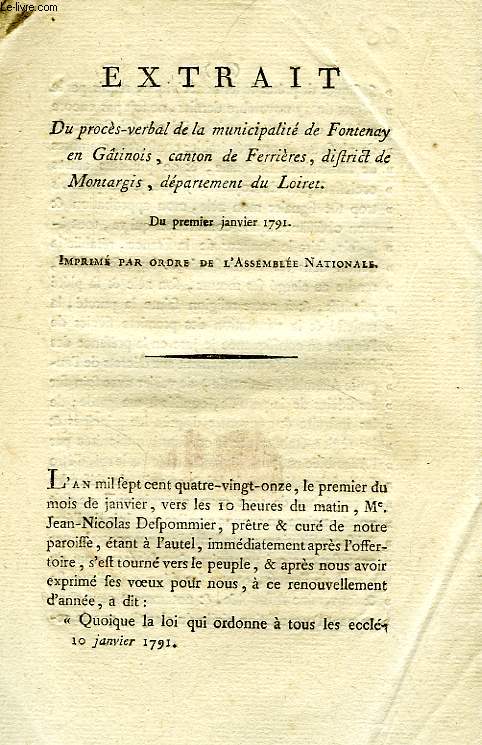 EXTRAIT DU PROCES-VERBAL DE LA MUNICIPALITE DE FONTENAY EN GATINOIS, CANTON DE FERRIERES, DESTRICT DE MONTARGIS, DEPARTEMENT DU LOIRET