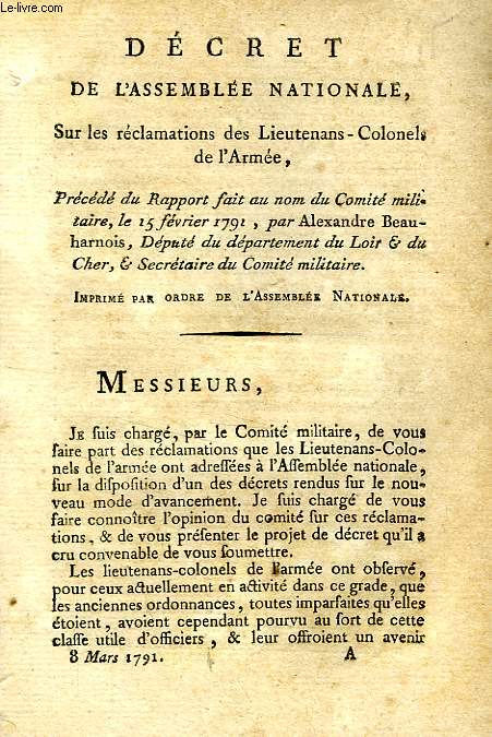 DECRET DE L'ASSEMBLEE NATIONALE SUR LES RECLAMATIONS DES LIEUTENANS-COLONELS DE L'ARMEE